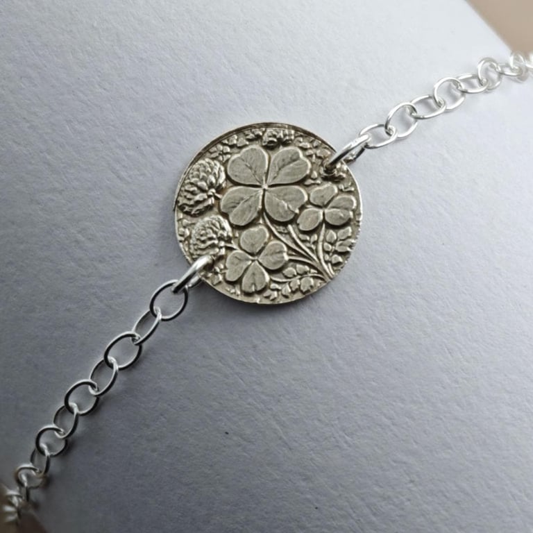 Four Leaf Clover Engraved Sterling Silver Coin Bracelet