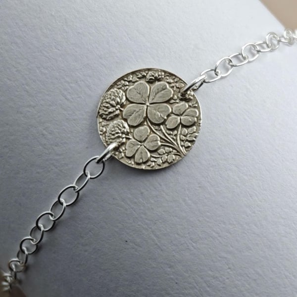 Four Leaf Clover Engraved Sterling Silver Coin Bracelet