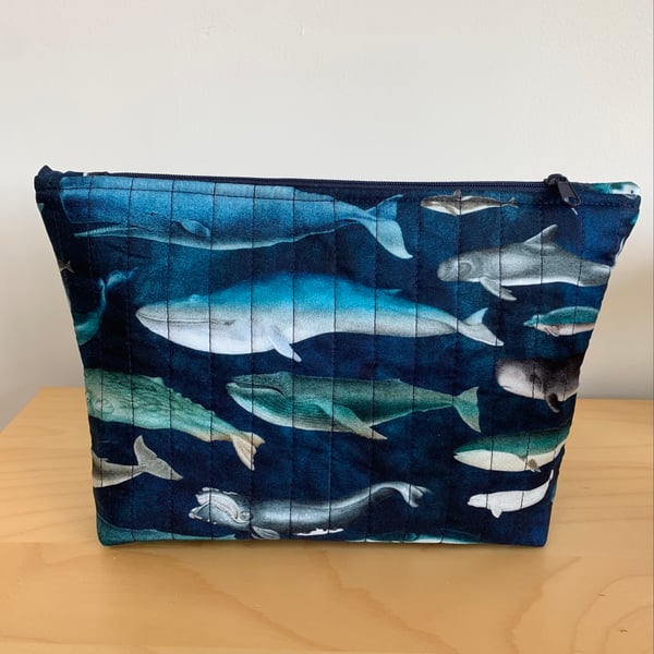 Whale Print Fabric Quilted Makeup Bag