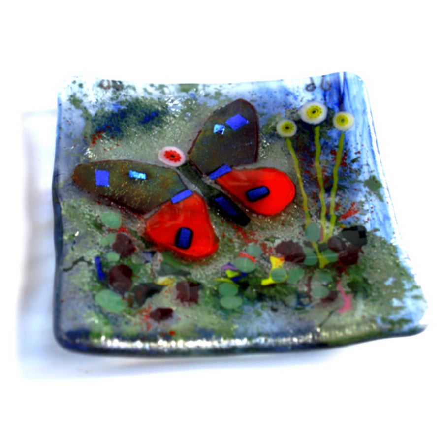 Fused Glass Dish 11.5 cm Red Butterfly Garden 001 