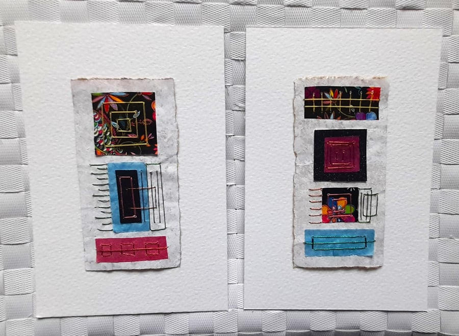 Pretty Patterned Black Pink Yellow Blue Handstitched Geometric Small Artworks
