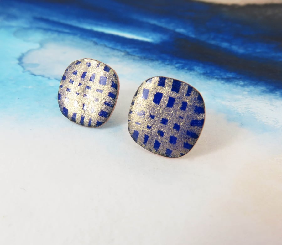 Enamel and Hand Drawn Gold Shimmer on Square Copper Stud Earrings