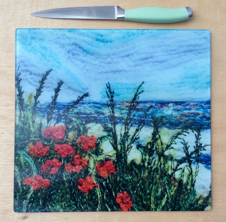 Glass chopping board, bread board or worktop saver. 