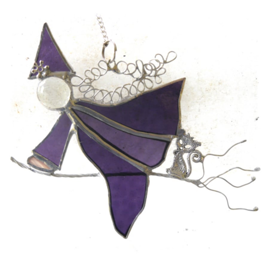 Purple Witch on Broomstick Suncatcher Stained Glass 