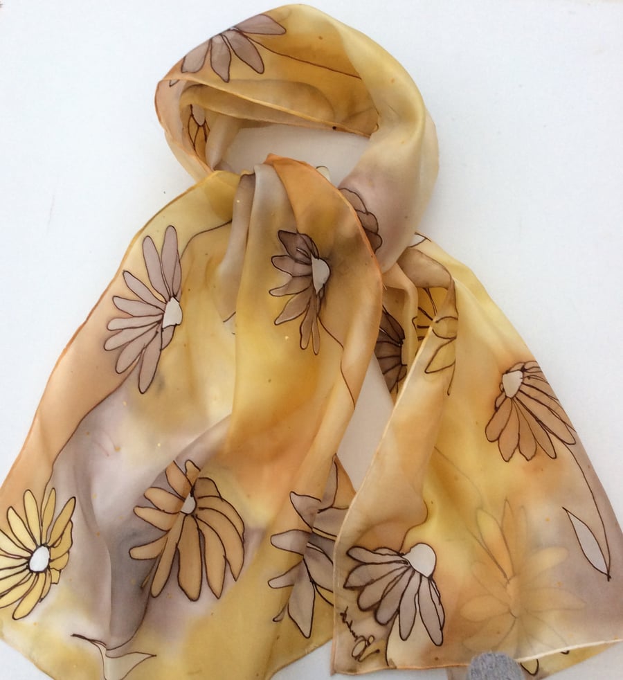 Gold Daisy hand painted  Silk Scarf