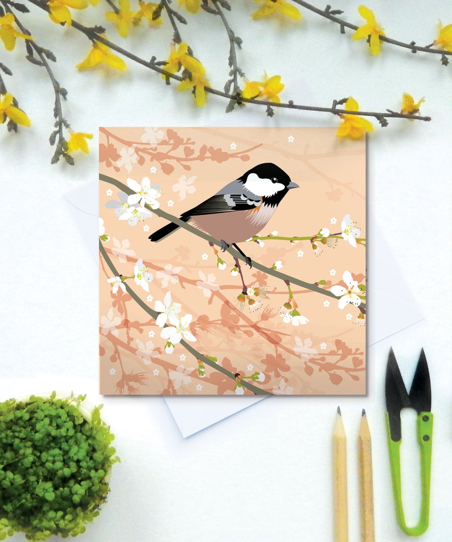Coal Tit on Plum Blossom Spring Greetings Card - British Bird, Eco Friendly