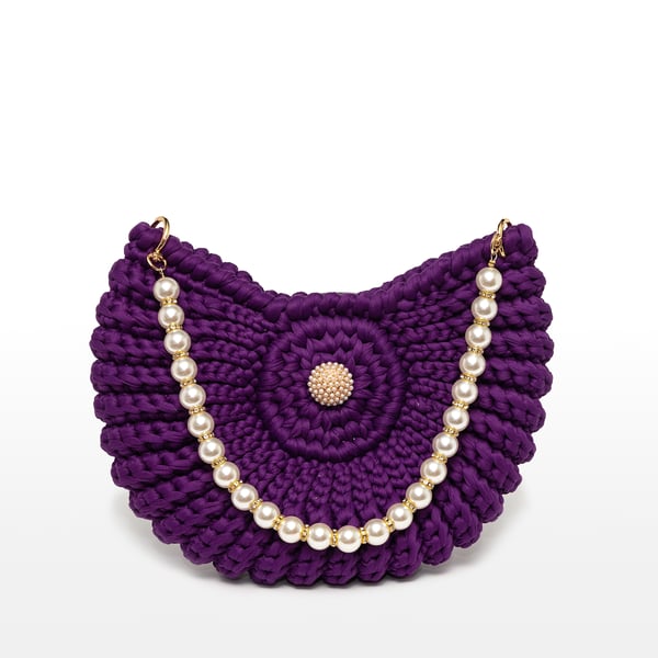 Royal Purple Crochet Shoulder Handbag Pearl Strap