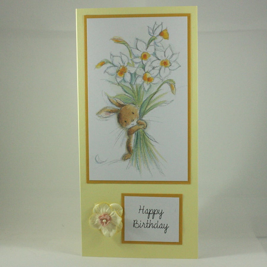 Handmade birthday card - bunny with daffodil bouquet