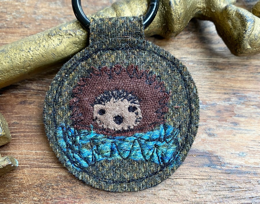 Up-cycled hedgehog plaid key ring or bag charm. 