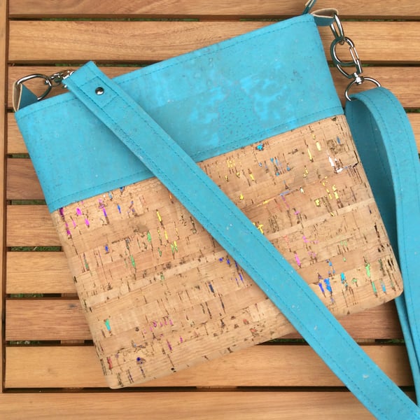 Cork crossbody bag, shoulder bag. Ocean blue and natural with multi flecks 