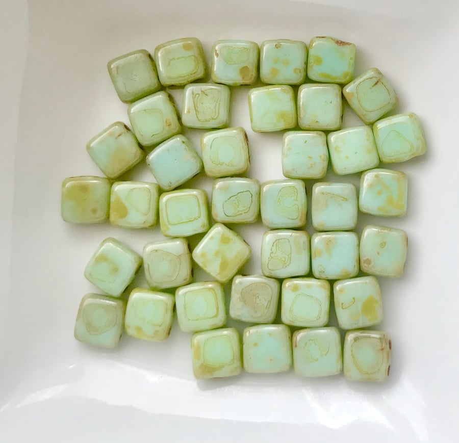 CzechMates Tile Beads - Opaque Pale Turquoise- Picasso - 25 Beads