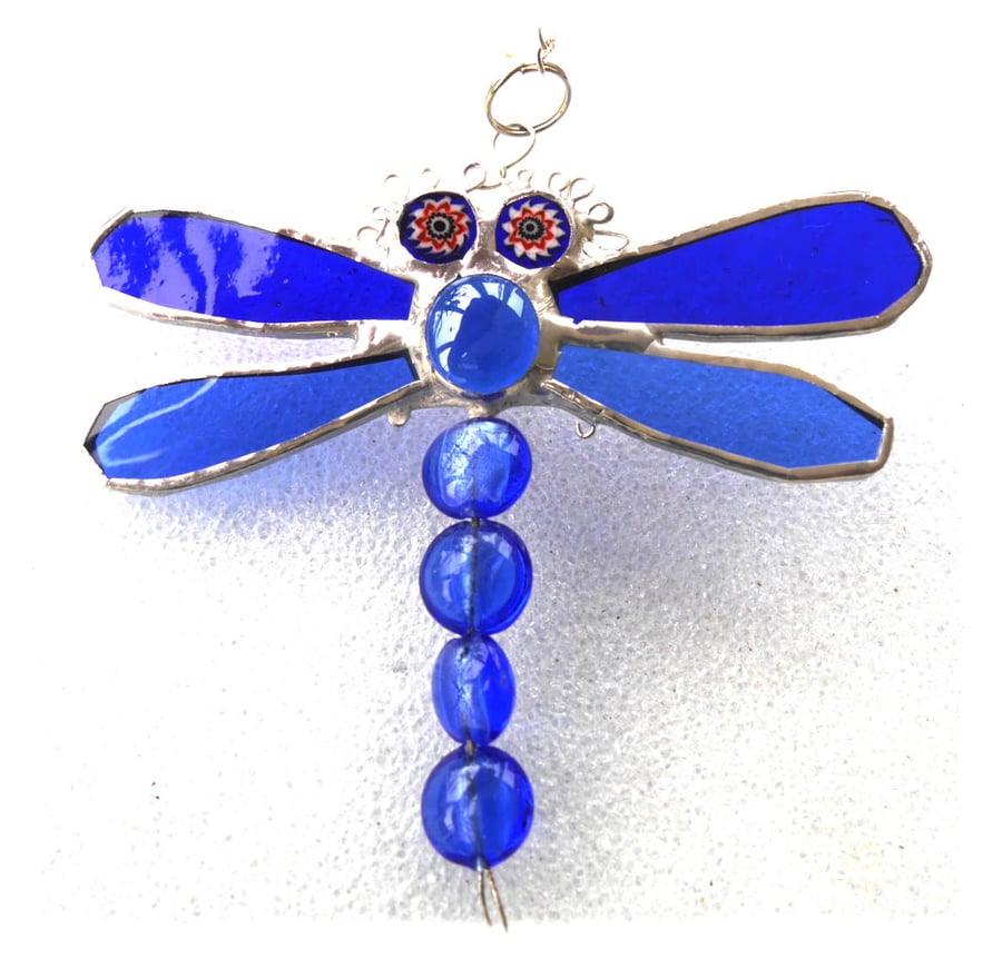 SOLD Dragonfly Suncatcher Stained Glass Bue Bead-Tailed 048