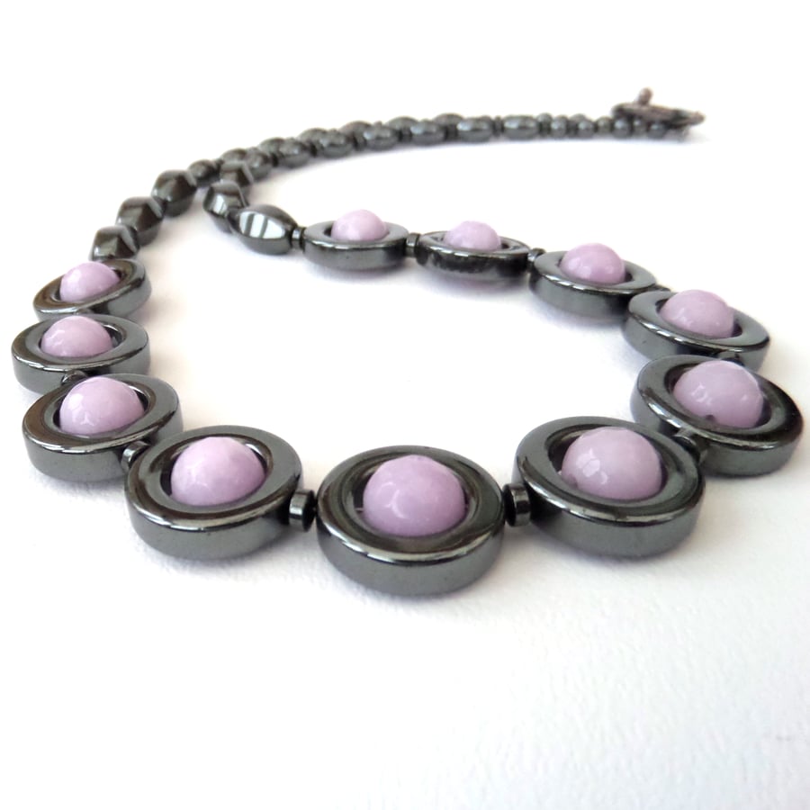 Handmade necklace, with hematite and lavender jade