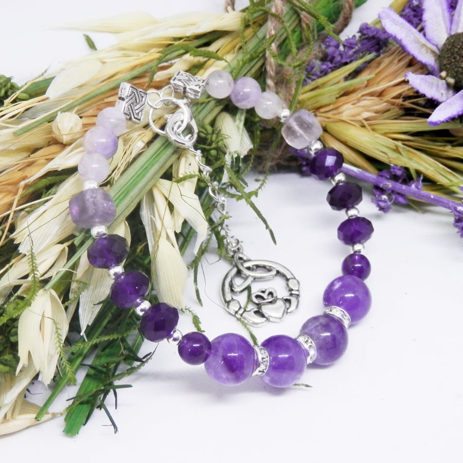 Celtic Themed Memory Wire Beaded Bracelet With Amethyst