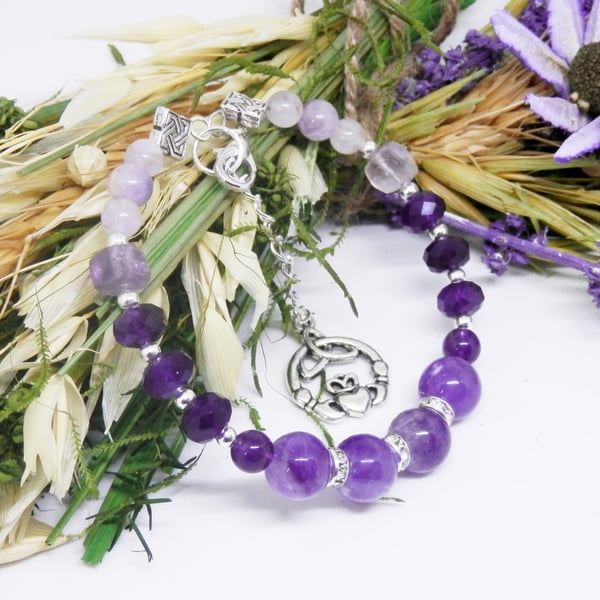 Celtic Themed Memory Wire Beaded Bracelet With Amethyst