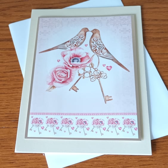 Engagement card love birds and keys