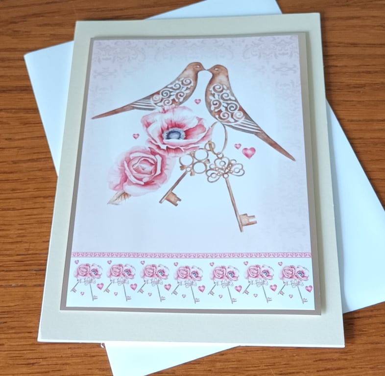 Engagement card love birds and keys