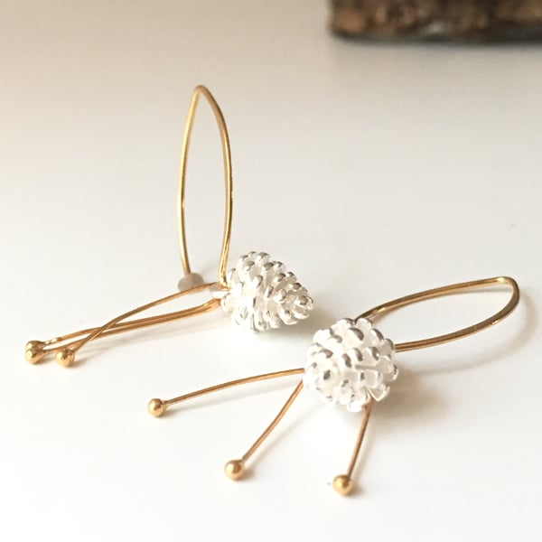 Christmas Jewellery Pinecone Earrings - silver, gold drop earrings metalsmith. 