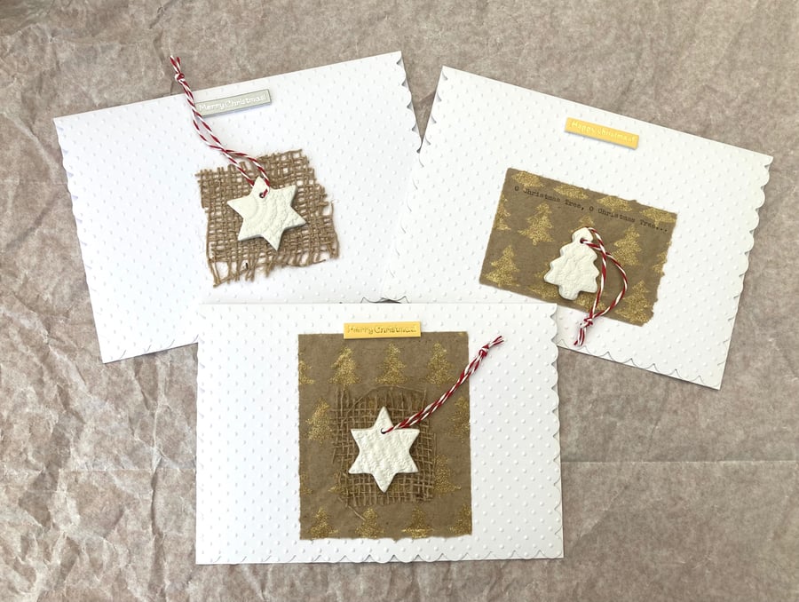 Set of 3 hand made Christmas cards and decorations, one off designs, gift & card
