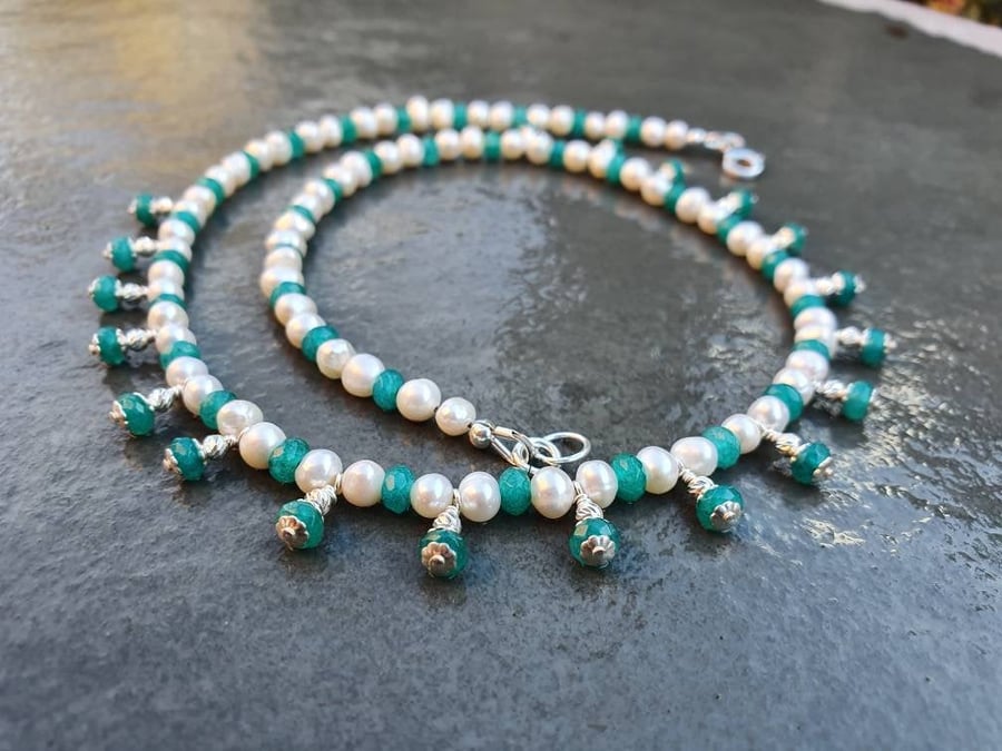 Green Quartz and Freshwater Pearl Necklace with Hand Wrapped Dangles