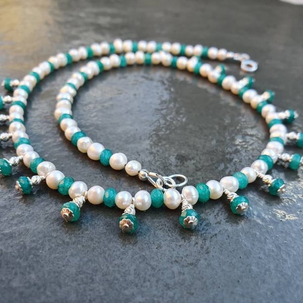 Green Quartz and Freshwater Pearl Necklace with Hand Wrapped Dangles