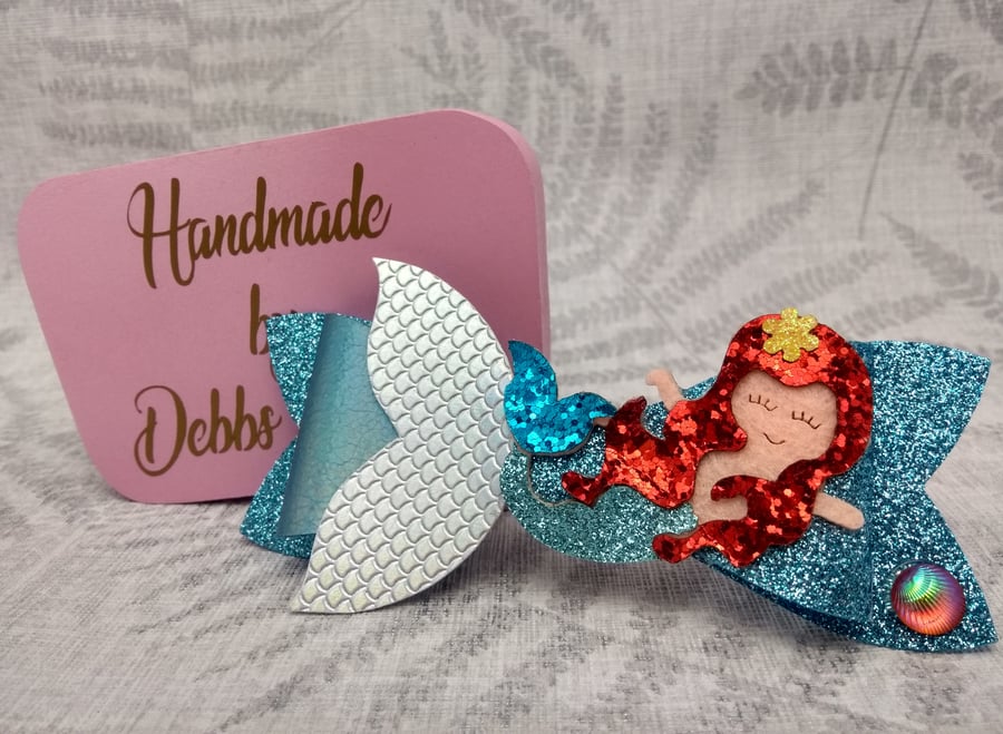 Mermaid bow, blue hair slide, large bow clip, summer hair accessories