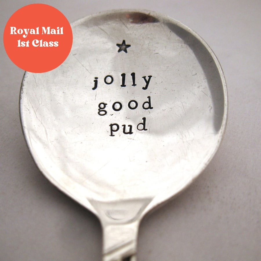 Jolly Good Pud, Handstamped Vintage Fruit Spoon