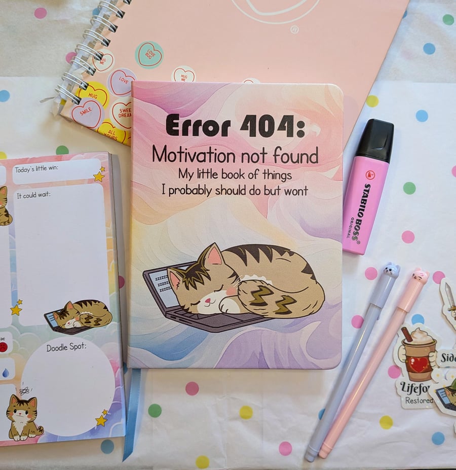 Funny Cat Journal, Error 404 Motivation Not Found, A5 Hardcover leatherette
