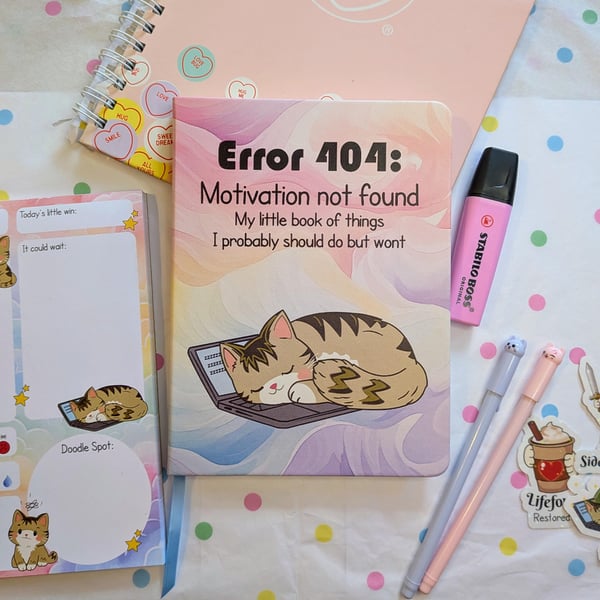 Funny Cat Journal, Error 404 Motivation Not Found, A5 Hardcover leatherette