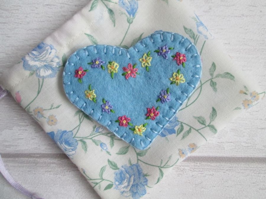 Hand Embroidered Spring Flowers Felt Heart Brooch