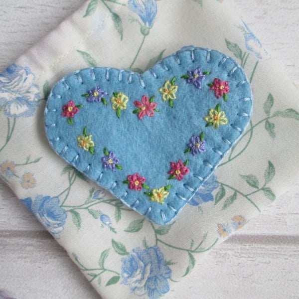 SOLD - Hand Embroidered Spring Flowers Felt Heart Brooch