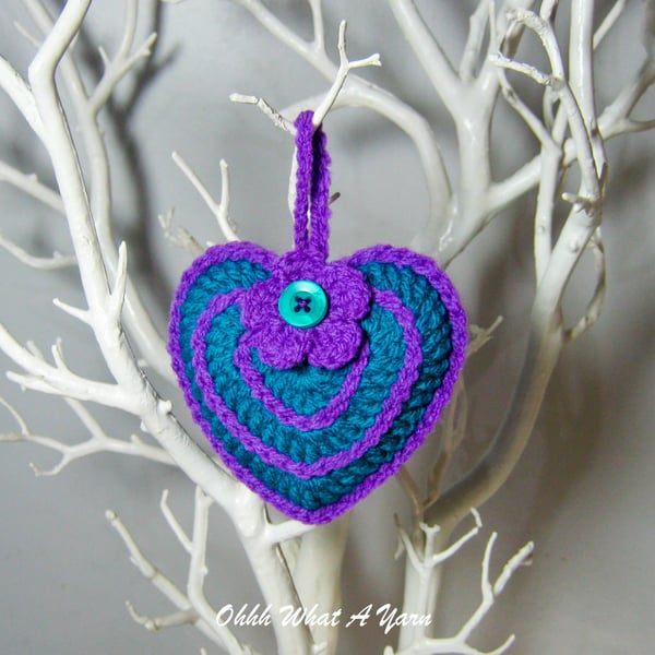 Teal crochet hanging heart decoration, scissor minder, bag charm with lavender
