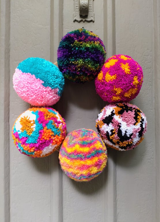 Wool Pompom Wreath, Mixed Colours, Eclectic Bohemian Interiors, Maximalism.