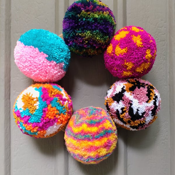 Wool Pompom Wreath, Mixed Colours, Eclectic Bohemian Interiors, Maximalism.