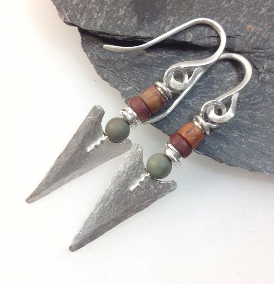 silver arrowhead tribal earrings with jasper