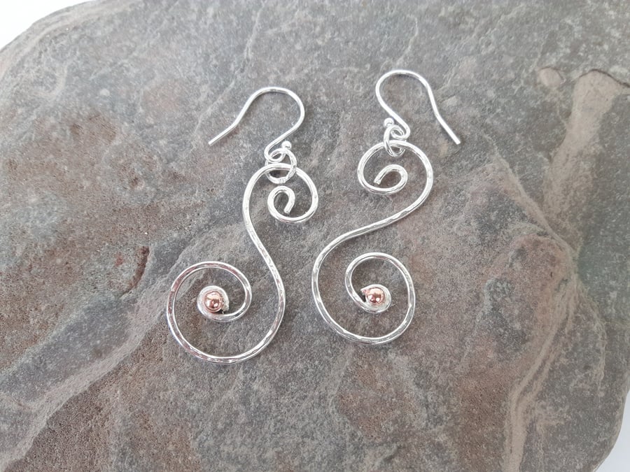 Sterling Silver Scrolled Drop Earrings with Copper
