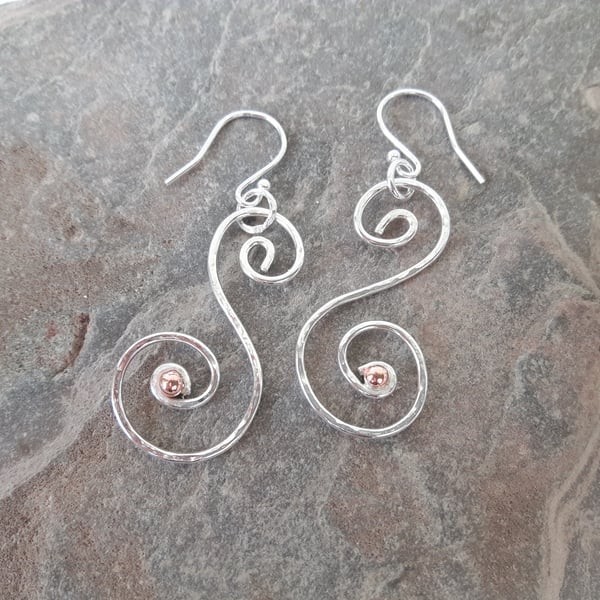 Sterling Silver Scrolled Drop Earrings with Copper
