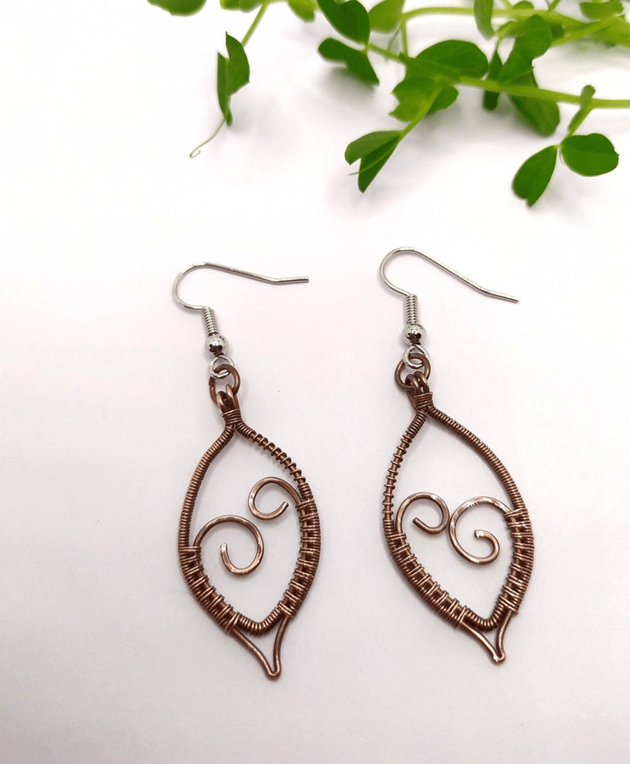 Small Wire Wrapped Leaf Shaped Oxidised Copper Drop Earrings 