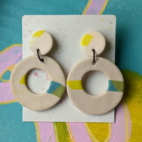 Dangly Fimo earrings in cream, blue, yellow and green