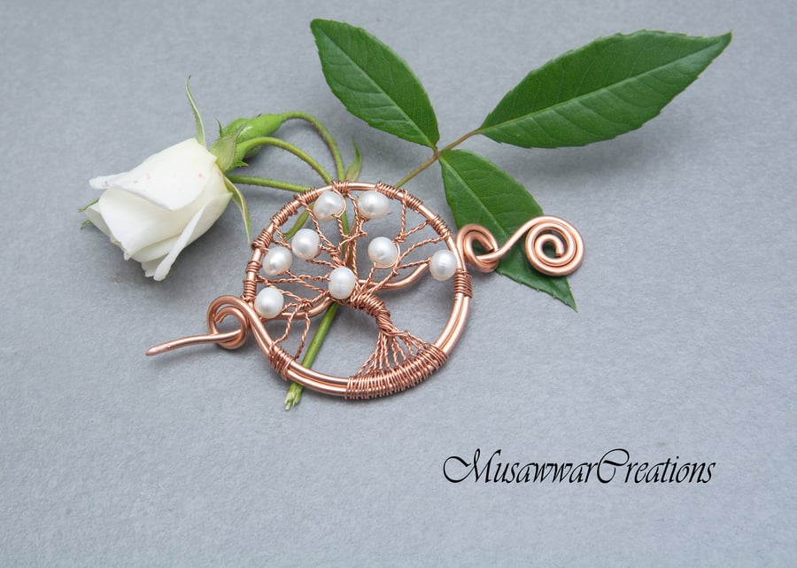 White pearls Shawl pin,Copper wrapped shawl pin.gift for women ,Elegant and Deco