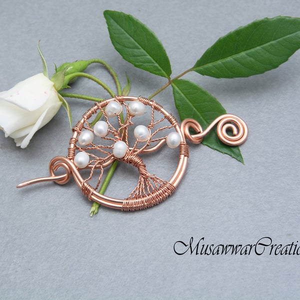 White pearls Shawl pin,Copper wrapped shawl pin.gift for women ,Elegant and Deco