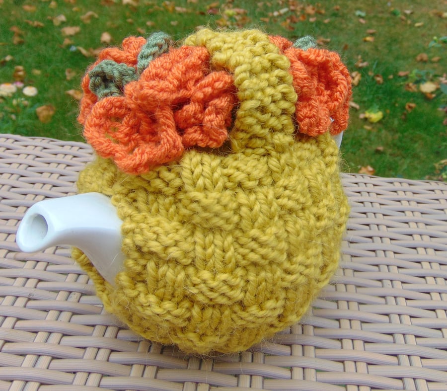 Hand Knitted flower basket Small Tea Cosy