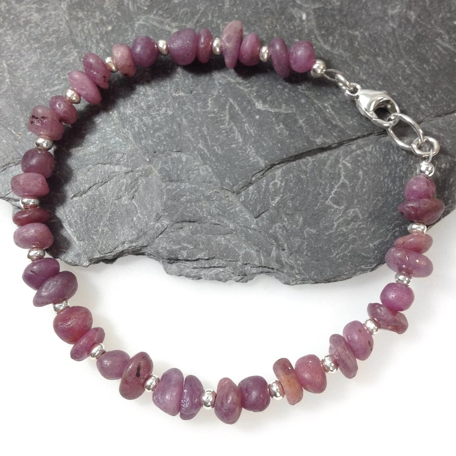 Silver and pink ruby bead bracelet