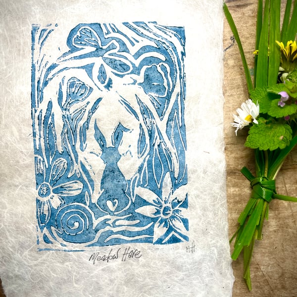Meadow Hare Original Linocut print