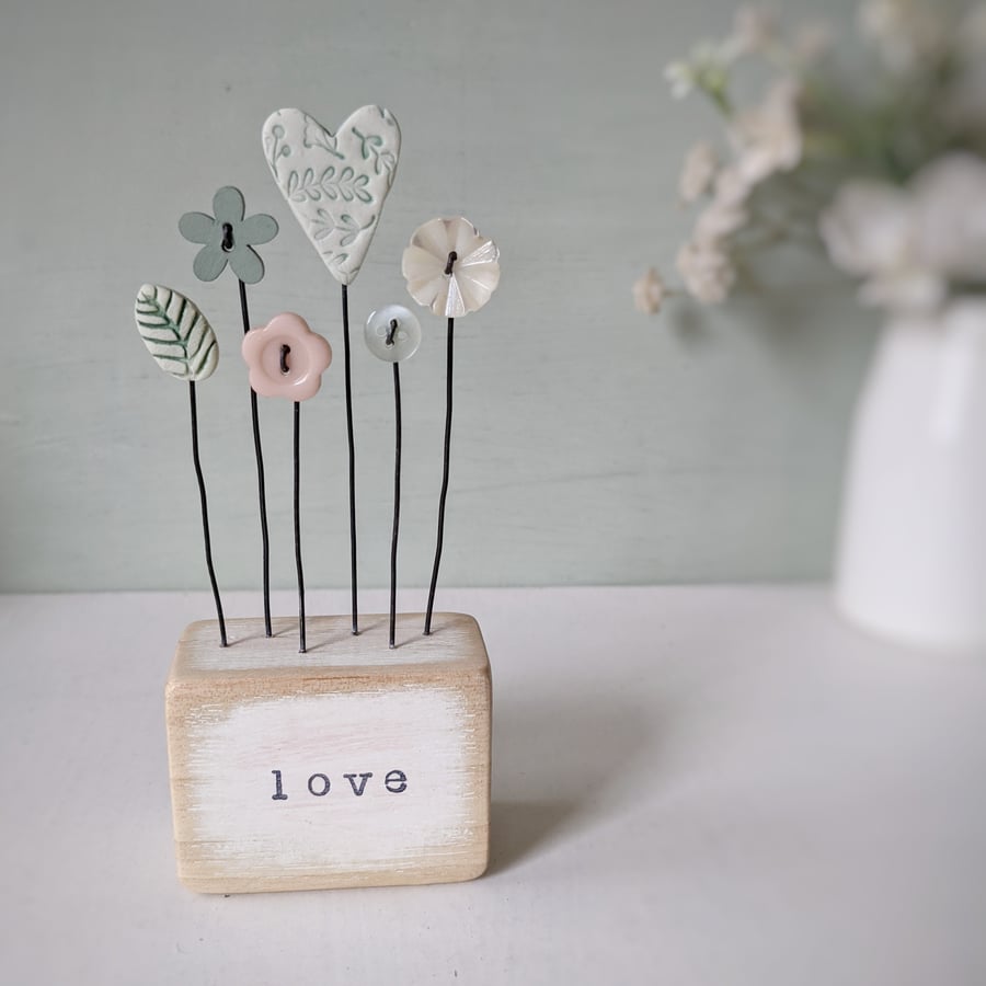 Clay Heart and Button Flowers in a Painted Wood Block 'Love'