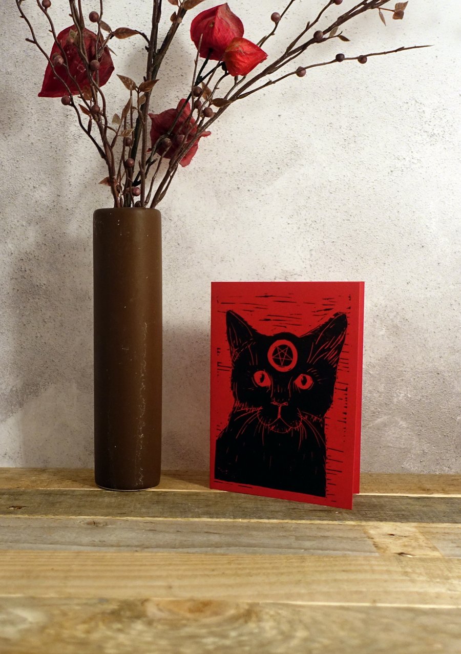 Witch's Black Cat, Alternative Greeting Card, Lino print, Red, Black, A6 Print