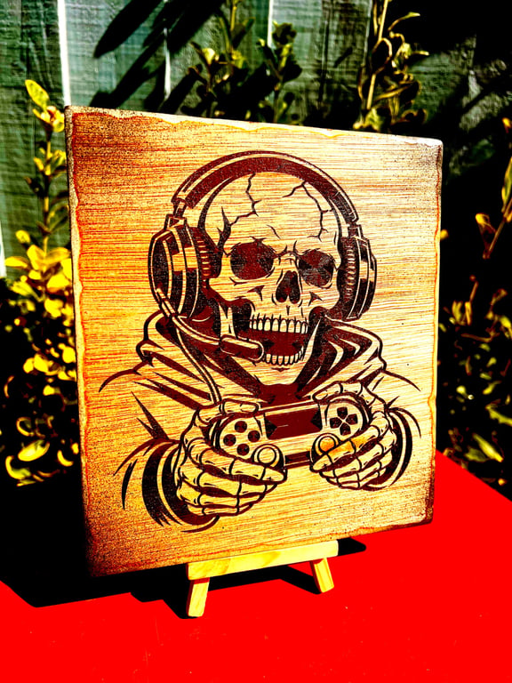 Skull boy gamer. Wooden plaque 