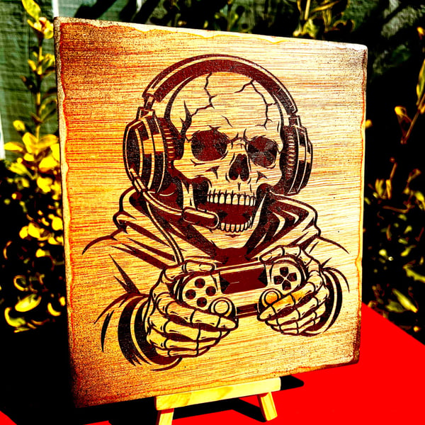Skull boy gamer. Wooden plaque 