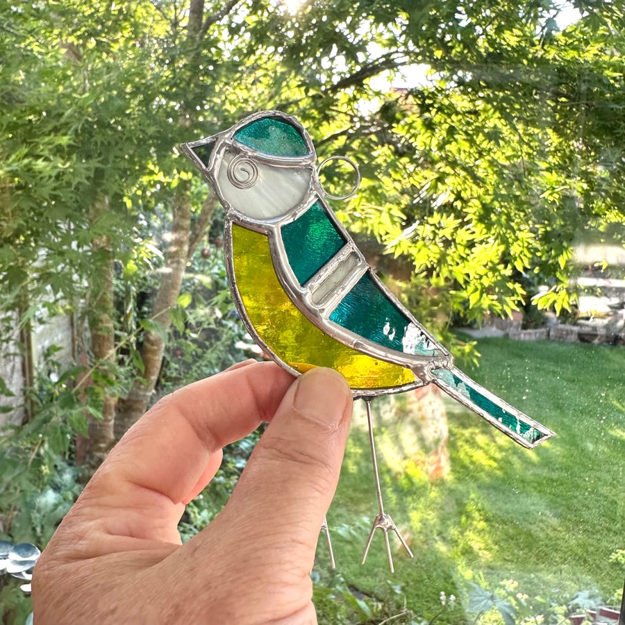 Stained Glass Blue Tit 3 Suncatcher - Handmade Hanging Window Decoration
