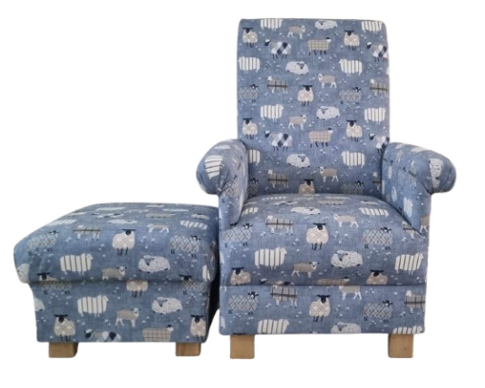 Blue Patchwork Sheep Fabric Adult Chair & Footstool Farm Animals Nursery Lambs